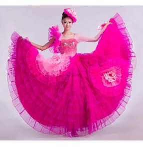 Pink petals flamenco dance dresses for women girls fairy spanish bull dance swing skirts opening ballroom dance costumes 